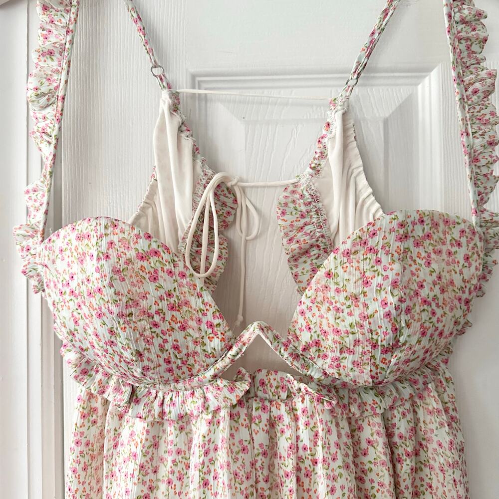 For Love & Lemons Colleen Ivory Red Floral Bustier Mini Babydoll Dress Medium - Picture 5 of 10